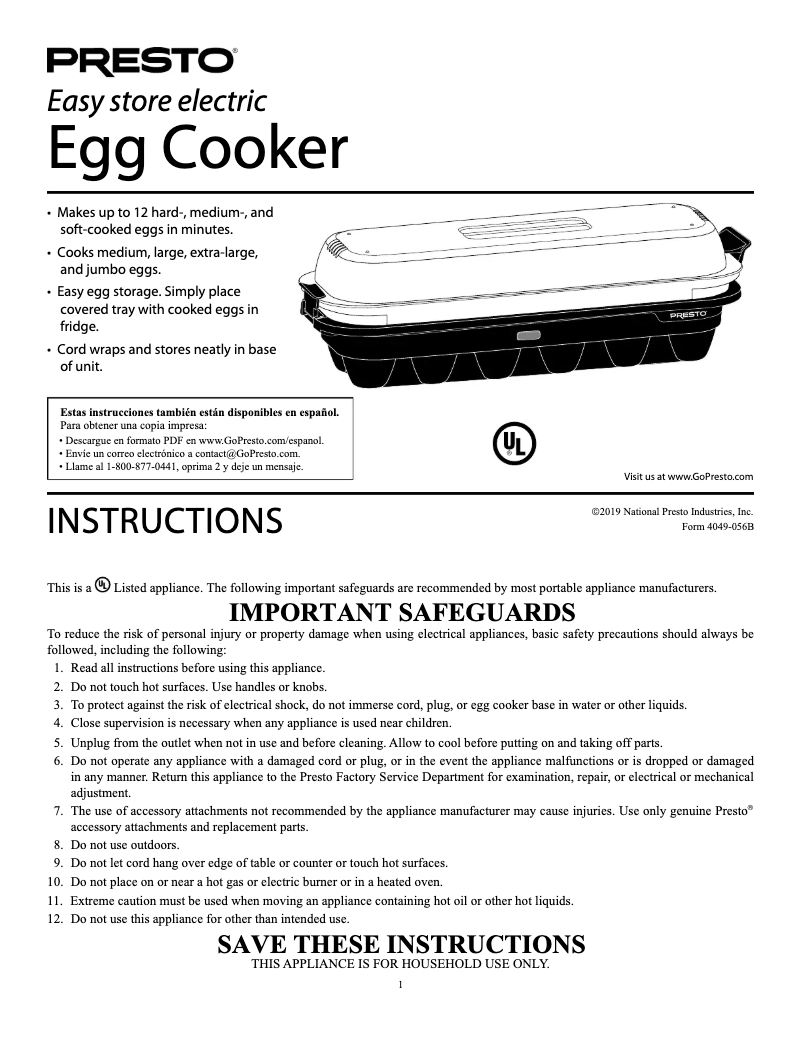Page 1 de la notice Manuel utilisateur Presto Easy store electric Egg Cooker