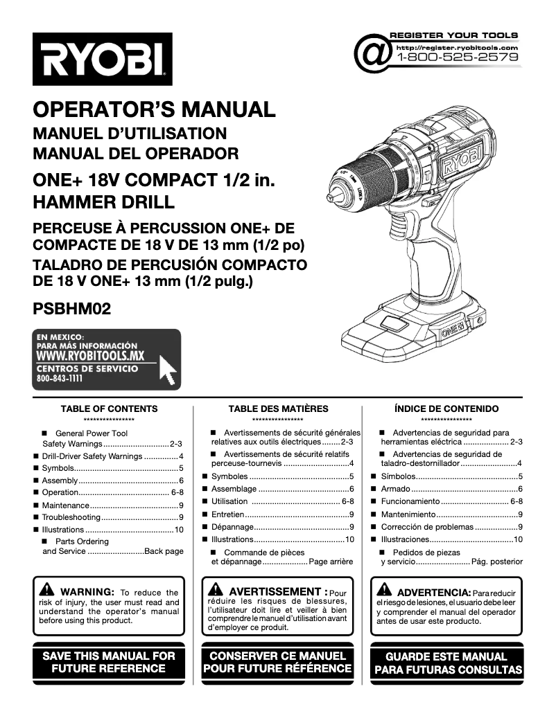 Page 1 de la notice Manuel utilisateur RYOBI One+ PSBHM02