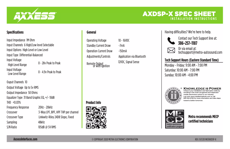 Page n°1 - Fiche technique Metra AX-DSPX-GL44