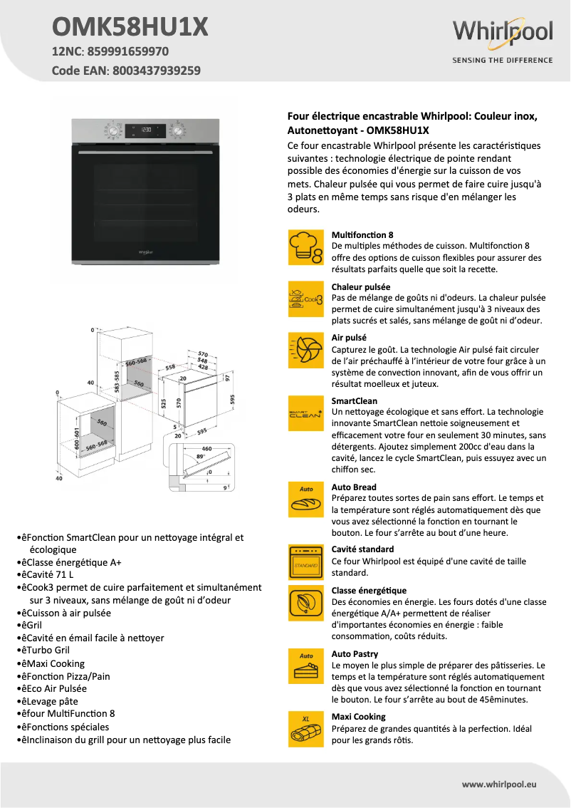 Page 1 de la notice Fiche technique Whirlpool OMK58HU1X