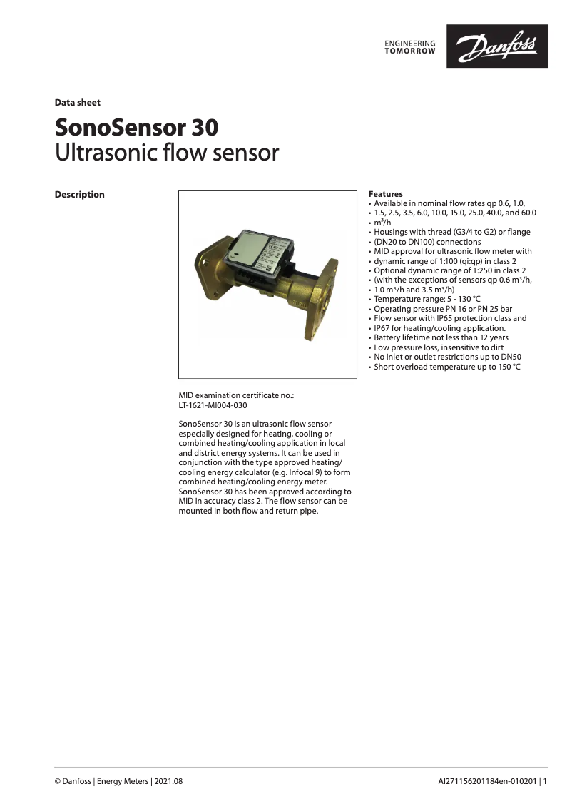 Page 1 de la notice Fiche technique Danfoss SonoSensor 30