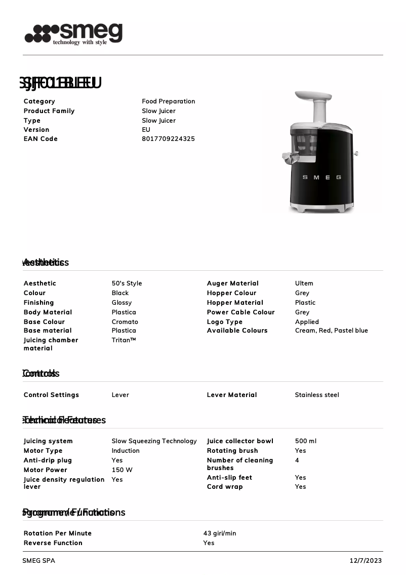 Page n°1 - Fiche technique Smeg SJF01