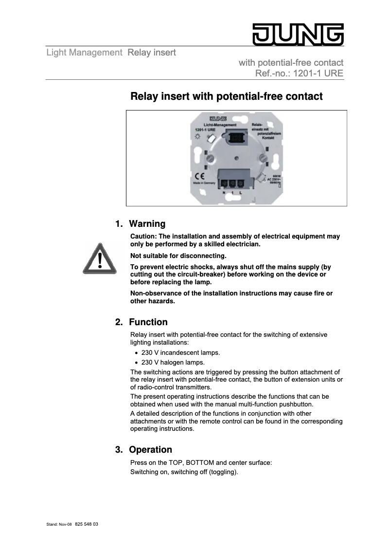 Page n°1 - Manuel utilisateur JUNG 1201-1URE