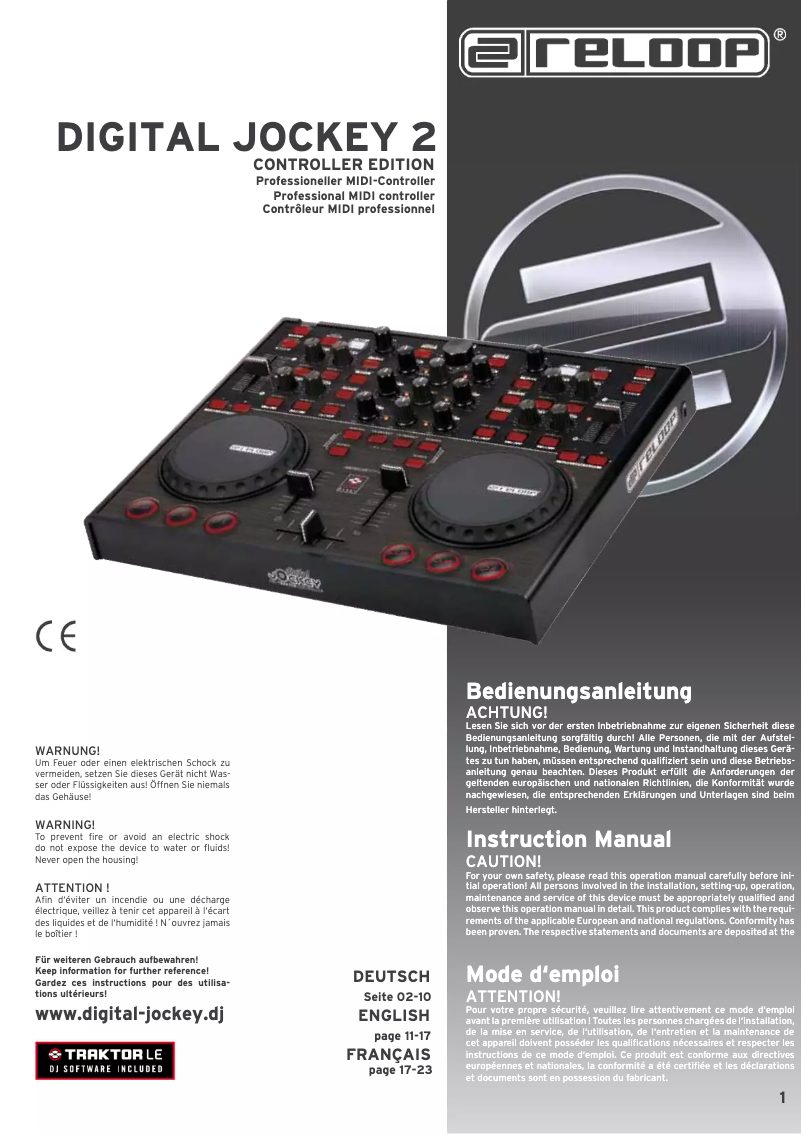 Page 1 de la notice Manuel utilisateur Reloop Digital Jockey 2 Controller edition