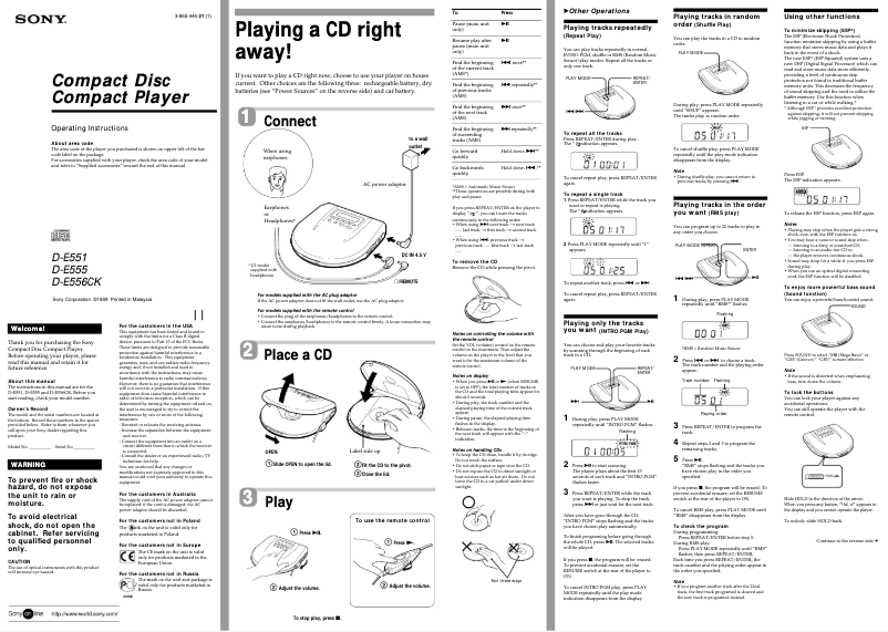 Page n°1 - Manuel utilisateur Sony D-E555