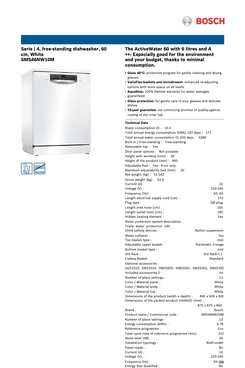 Page 1 de la notice Fiche technique Bosch SMS46NW10M