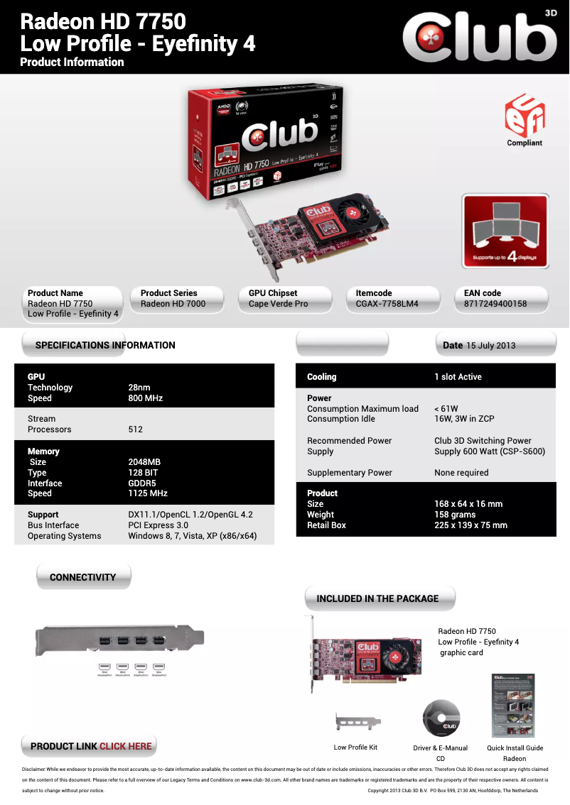 Image de la première page du manuel de l'appareil AMD HD7750 Eyefinity 4 Low Profile