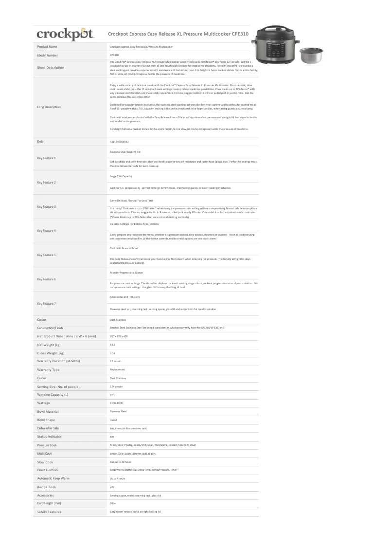 Page n°1 - Fiche technique Crock-Pot Express Easy Release XL CPE310