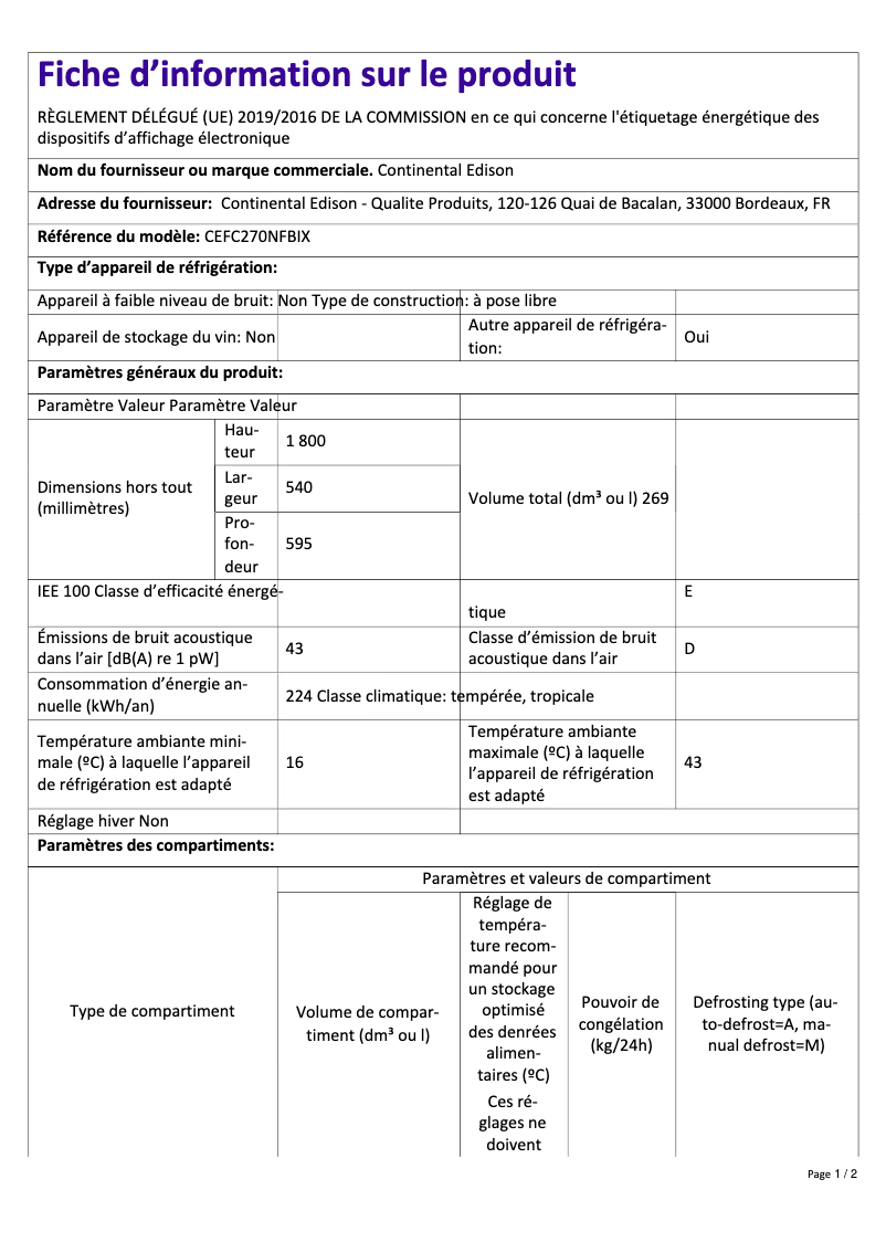 Page 1 de la notice Label énergétique Continental Edison CEFC270NFBIX