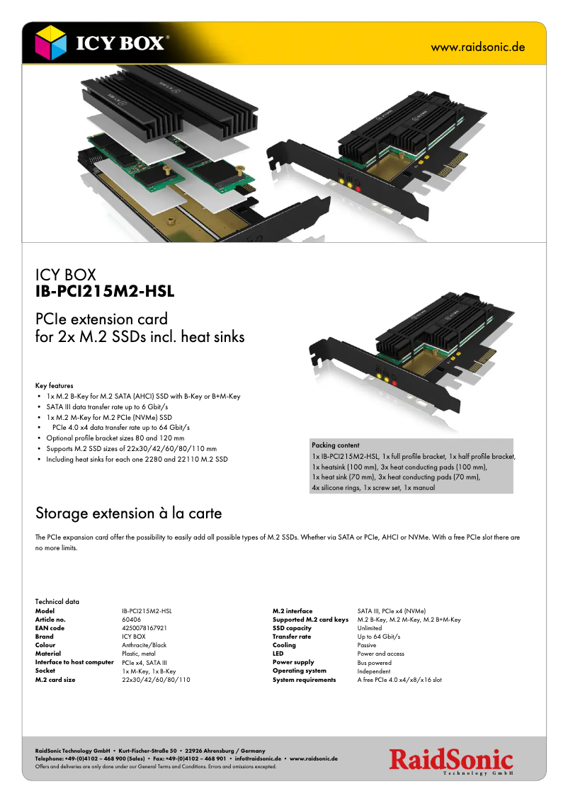 Página 1 del manual Ficha técnica Icy Box IB-PCI215M2-HSL