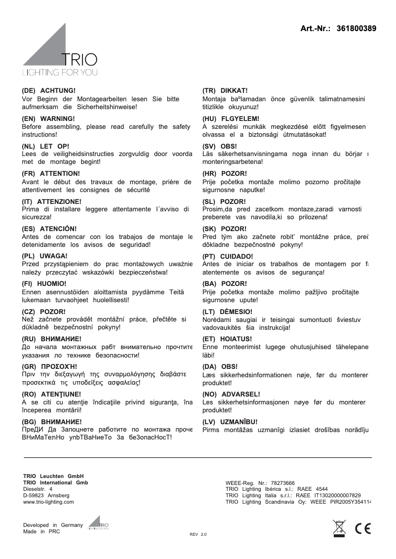 Page 1 de la notice Manuel utilisateur Trio Lighting Manila 361800389