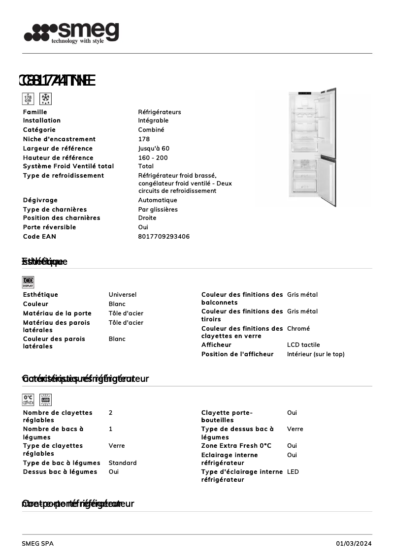 Page 1 de la notice Fiche technique Smeg C8174TNE