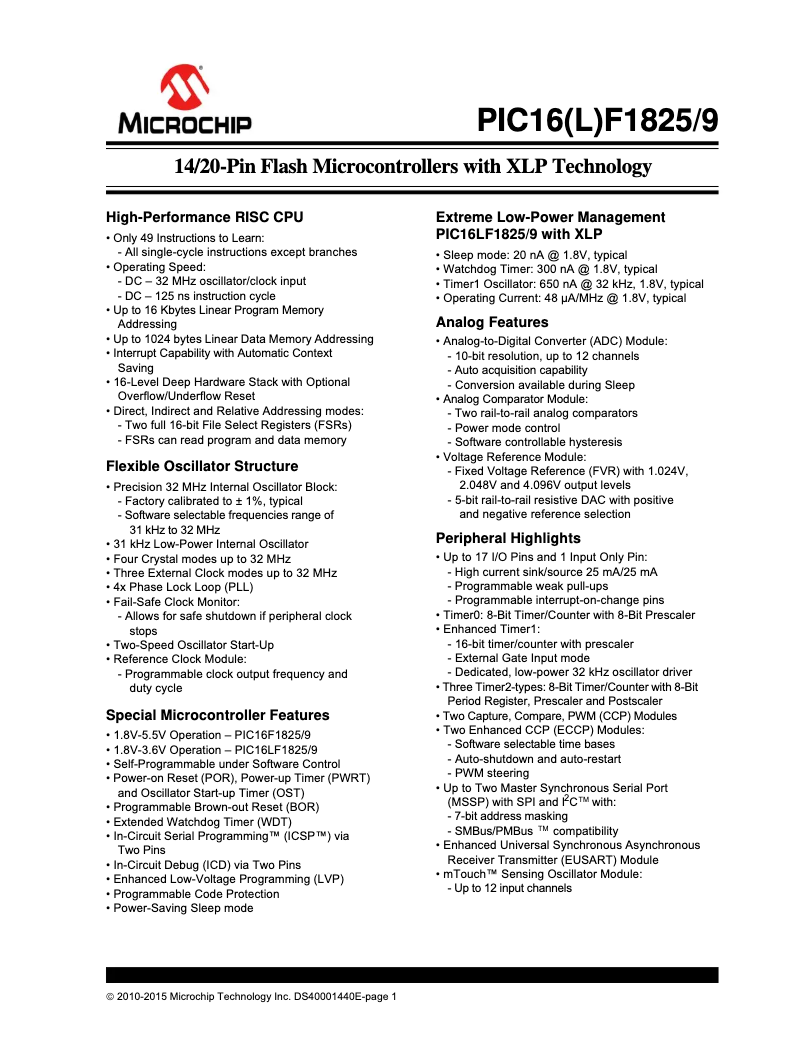 Page 1 de la notice Fiche technique Microchip PIC16F1829