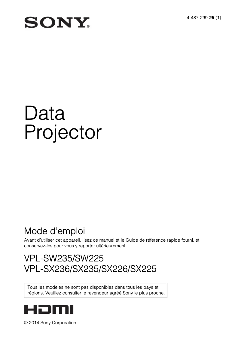 Page 1 de la notice Manuel utilisateur Sony VPL-SW235