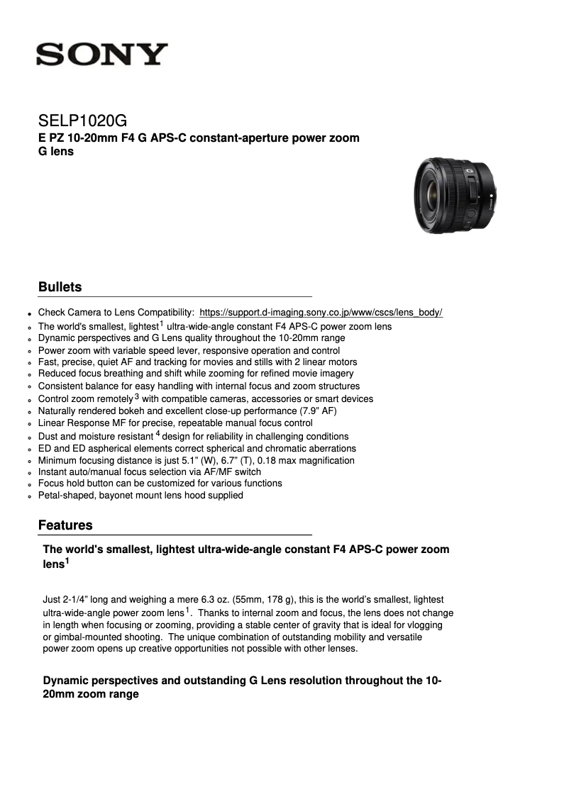 Page n°1 - Fiche technique Sony E PZ 10-20mm SELP1020G