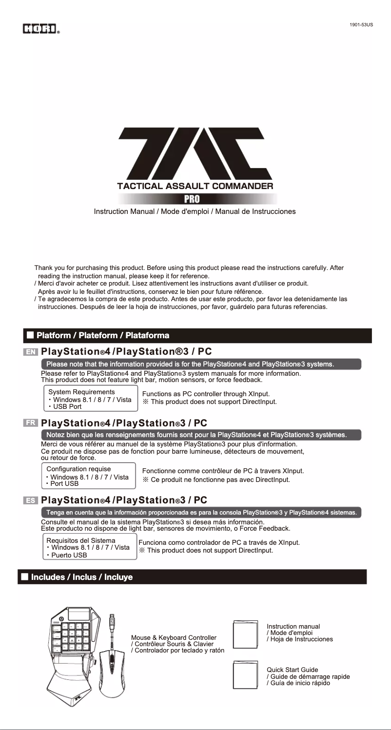 Page 1 de la notice Manuel utilisateur Hori Tactical Assault Commander Pro V2