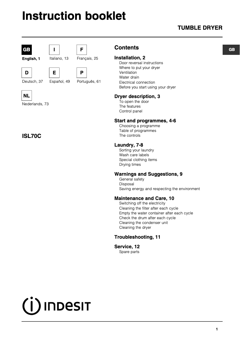 Page 1 de la notice Manuel utilisateur Indesit ISL 70 CS (EX)