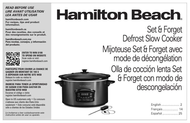 Page 1 de la notice Manuel utilisateur Hamilton Beach Set & Forget 33869