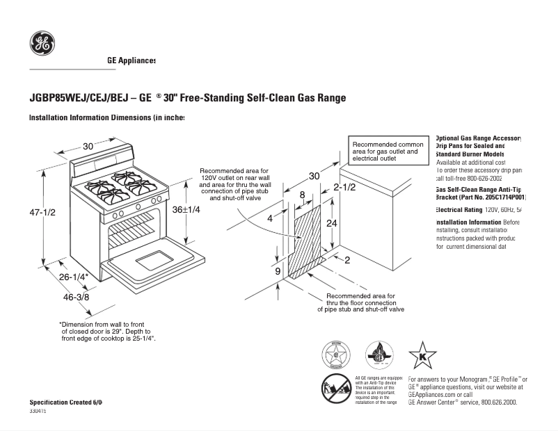 Page 1 of the manual Technical Sheet GE JGBP85CEJCC