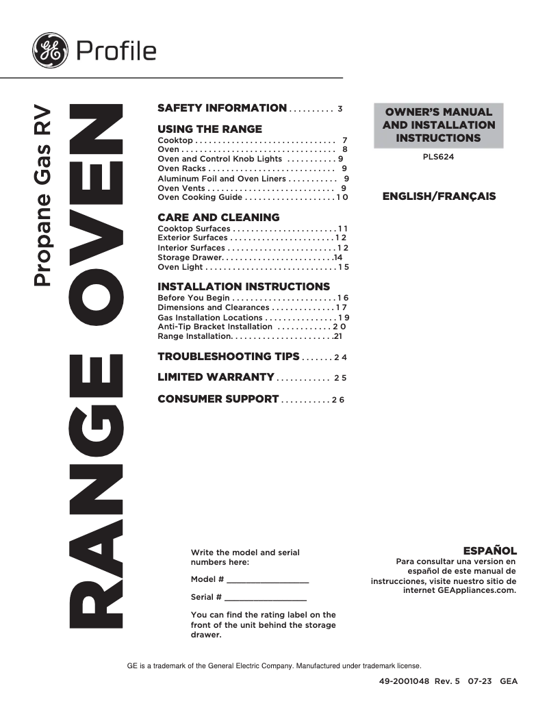 Page n°1 - Guide d'installation GE Profile PLS624ETSB