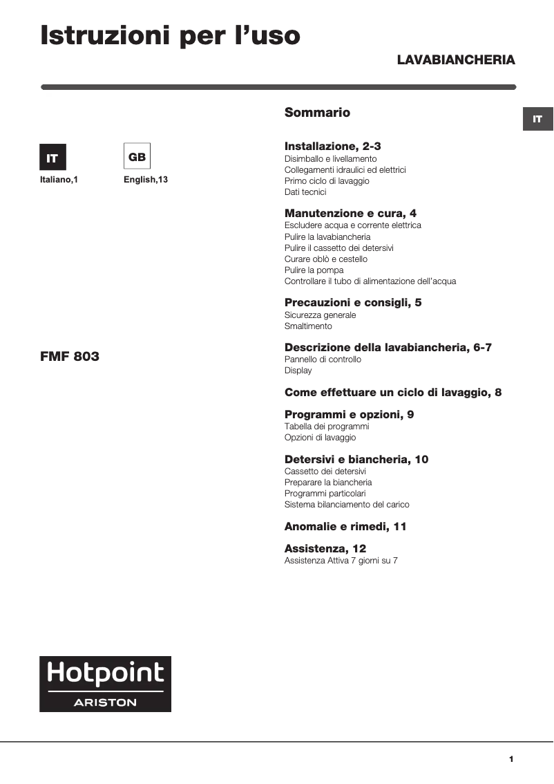 Page n°1 - Manuel utilisateur Hotpoint Ariston FMF803