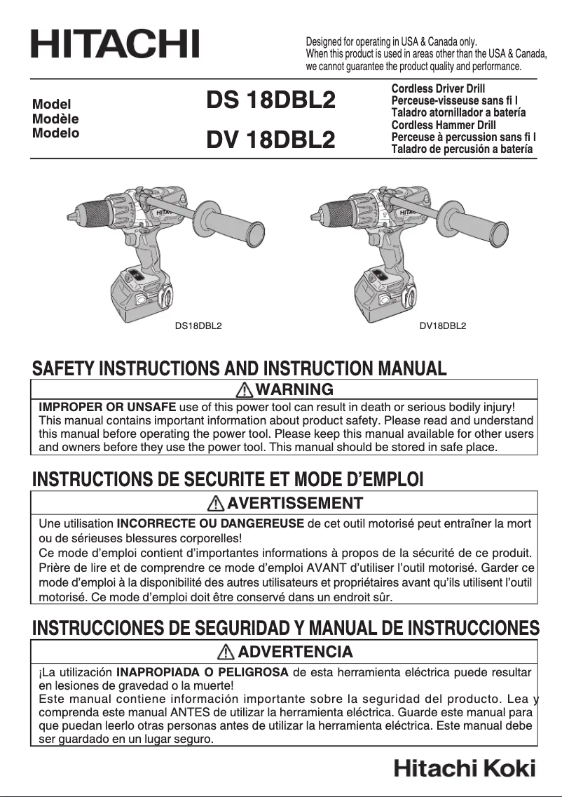 Page 1 de la notice Manuel utilisateur Hitachi DS18DBL2