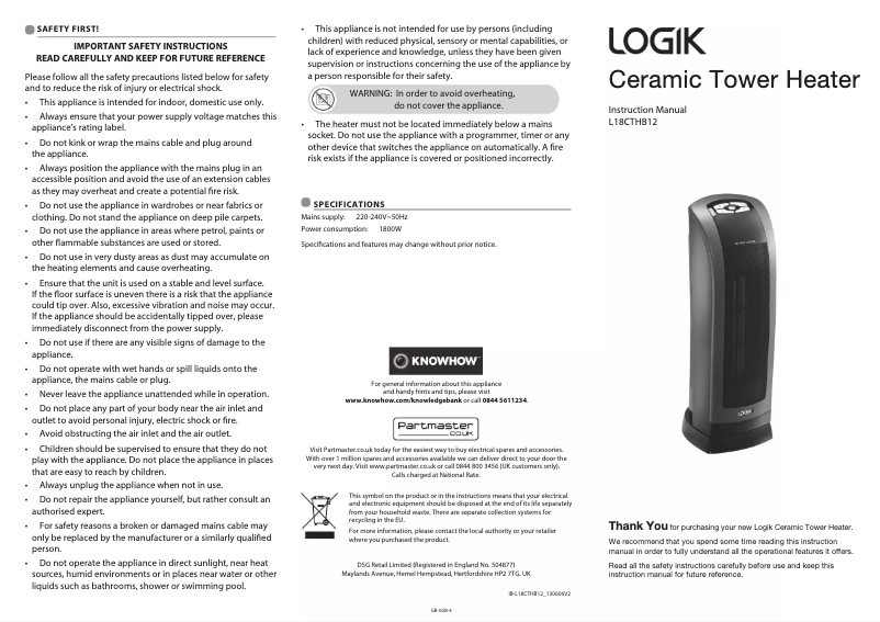 Page 1 de la notice Manuel utilisateur Logik L18CTHB12