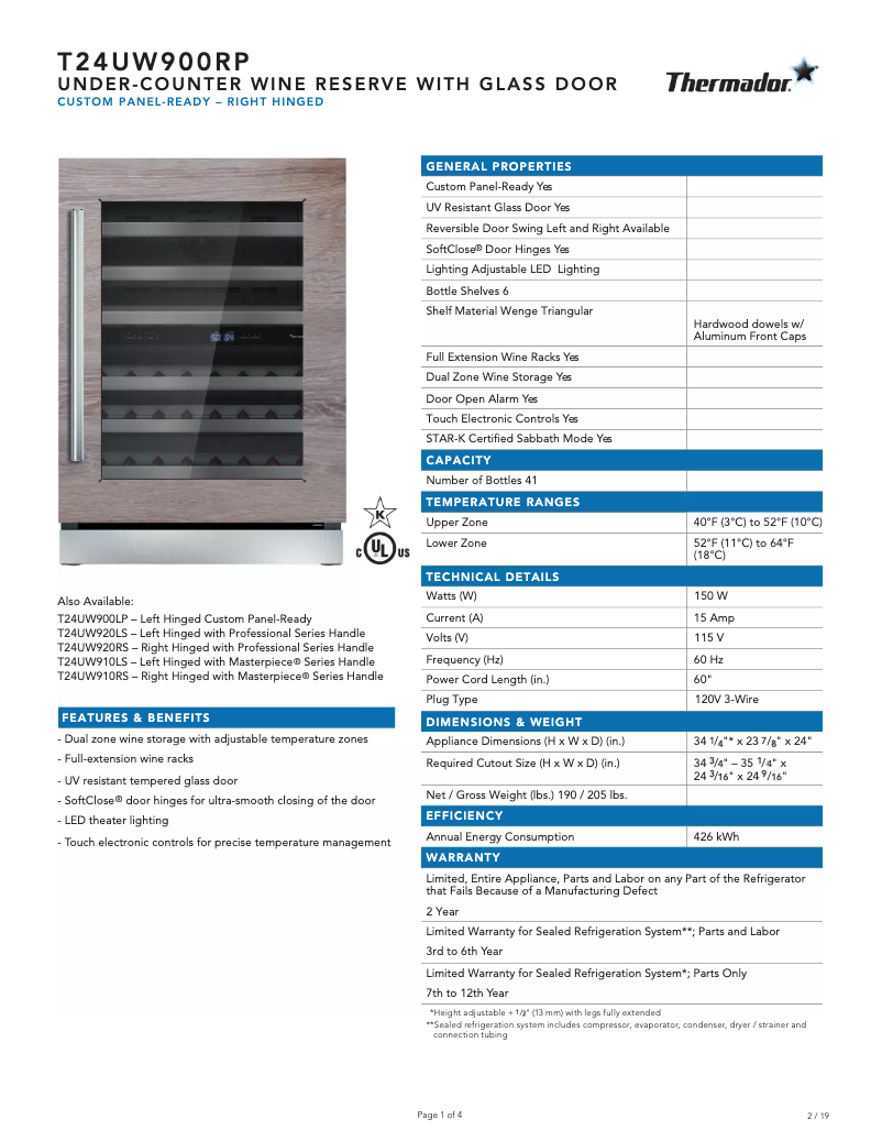 Page 1 of the manual Technical Sheet Thermador T24UW900RP