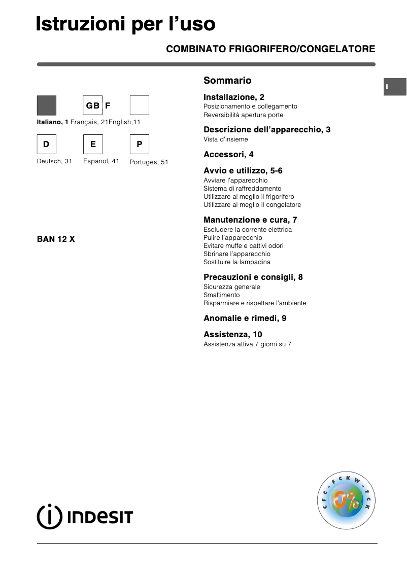 Page 1 de la notice Manuel utilisateur Indesit BAN 12 X