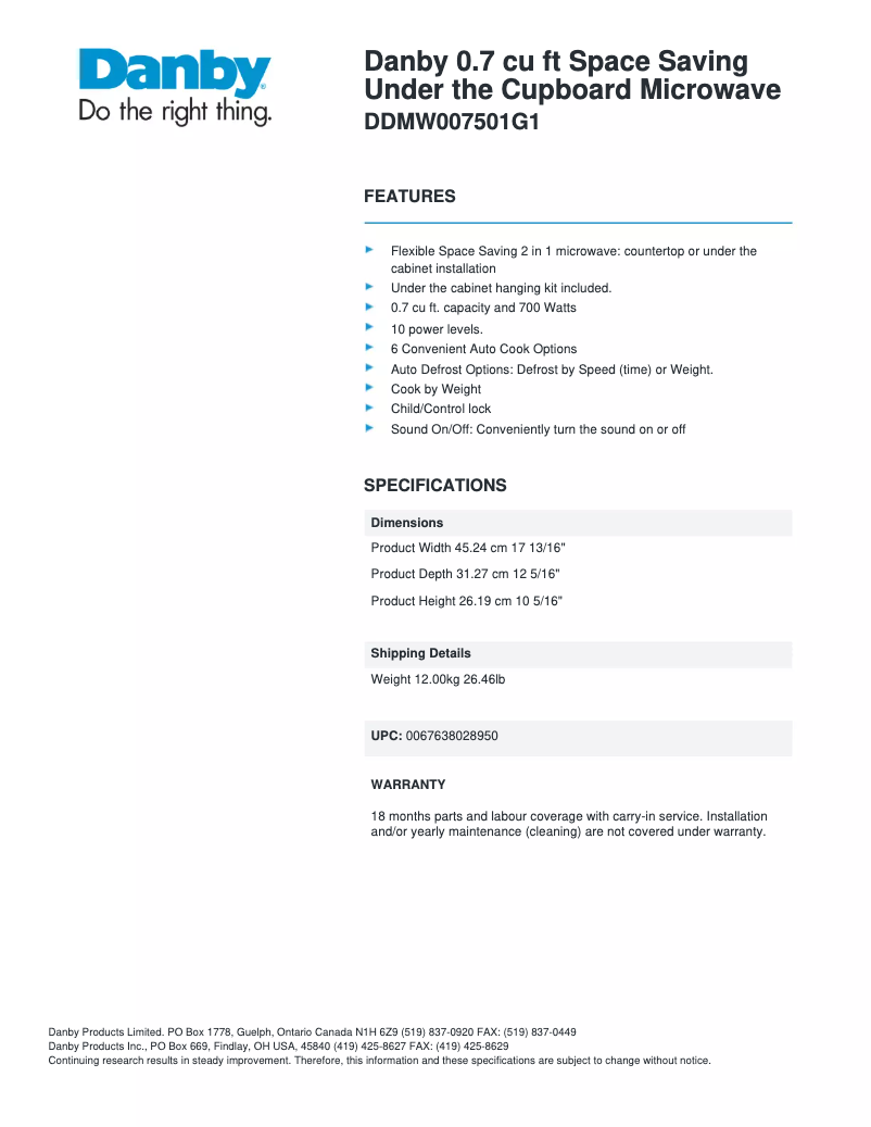 Page n°1 - Fiche technique Danby DDMW007501G1