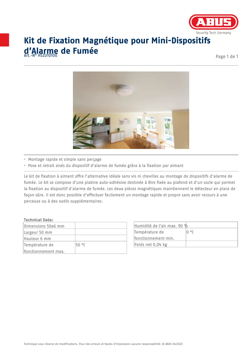 Page 1 de la notice Fiche technique Abus HSZU10100