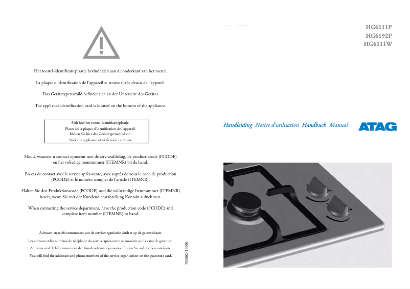 Page 1 de la notice Manuel utilisateur Atag HG6111P