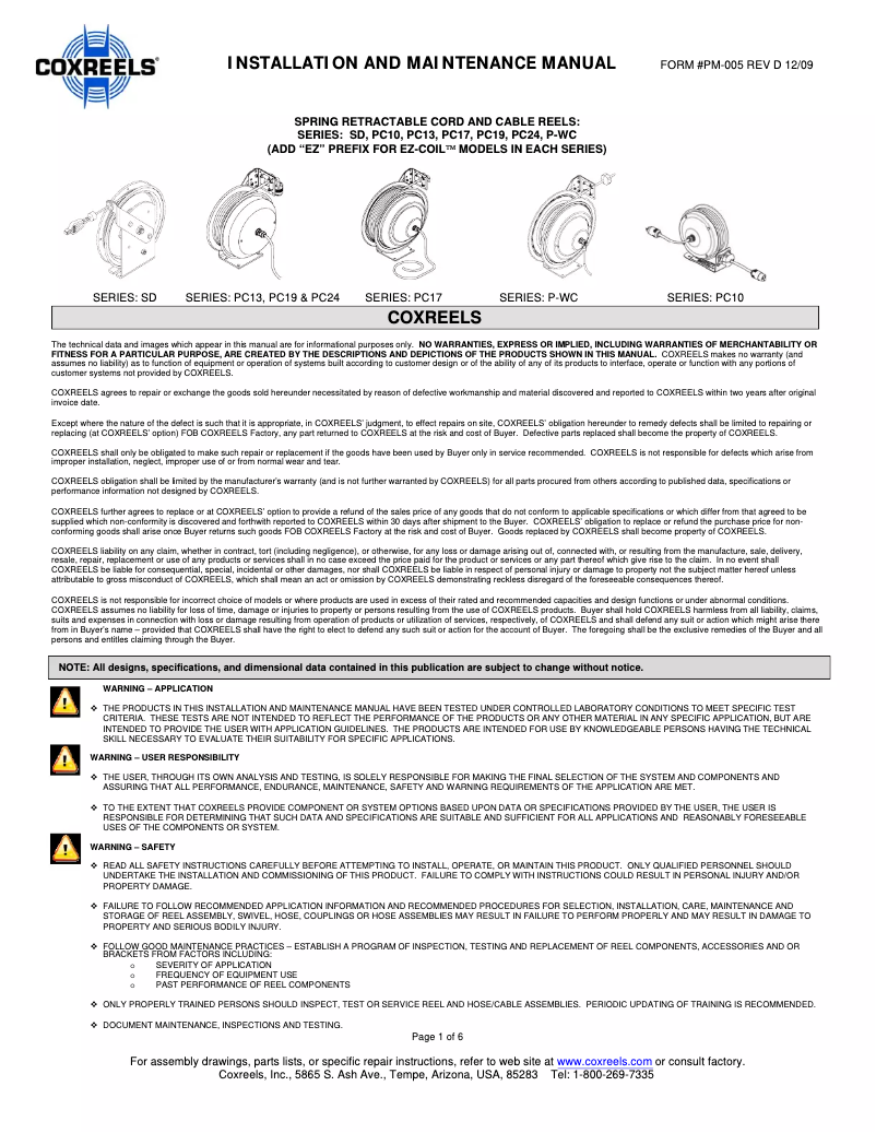 Page 1 de la notice Manuel utilisateur Coxreels SD-50-1