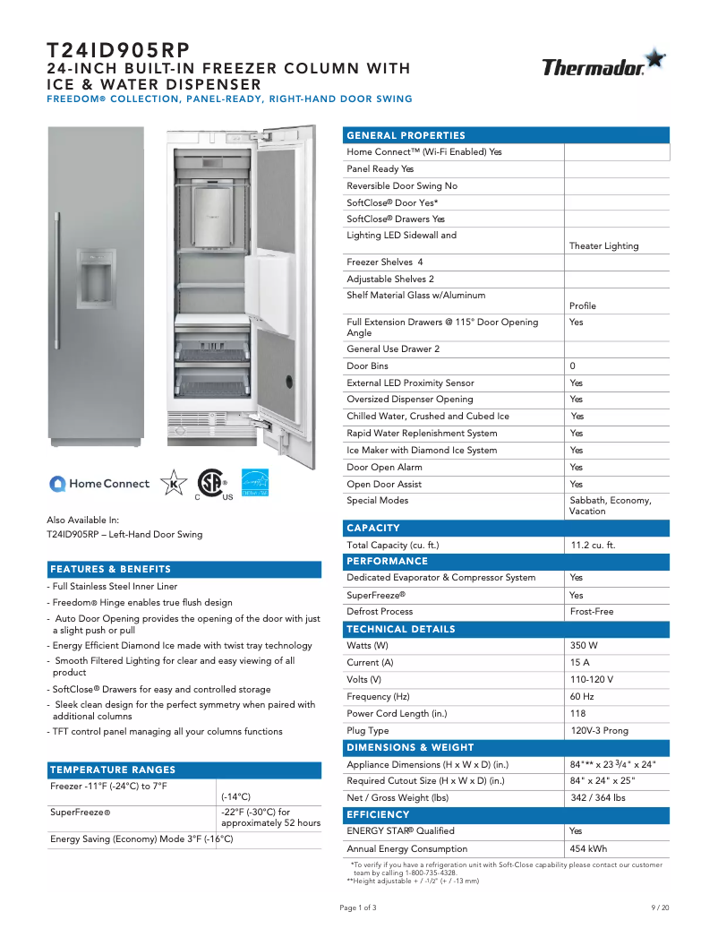 Page n°1 - Fiche technique Thermador T24ID905RP