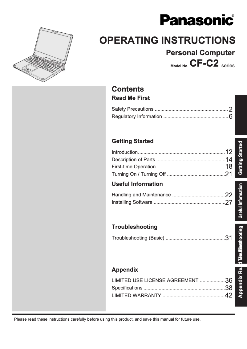 Image de la première page du manuel de l'appareil Toughbook C2
