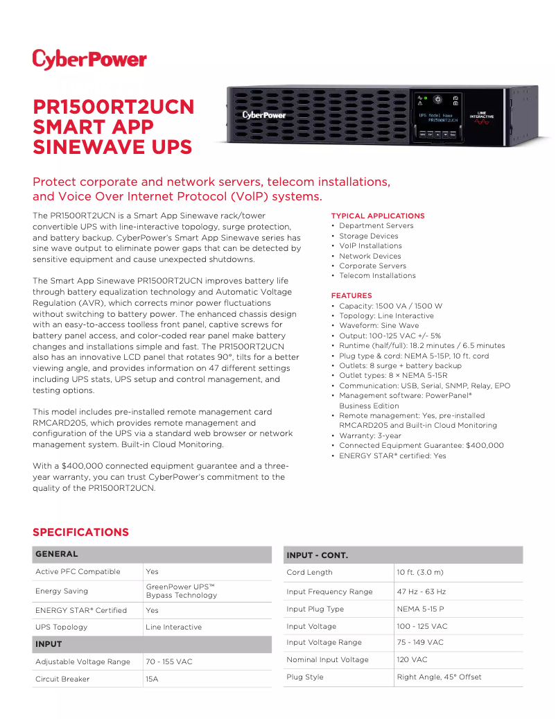 Page 1 de la notice Fiche technique CyberPower PR1500RT2UCN