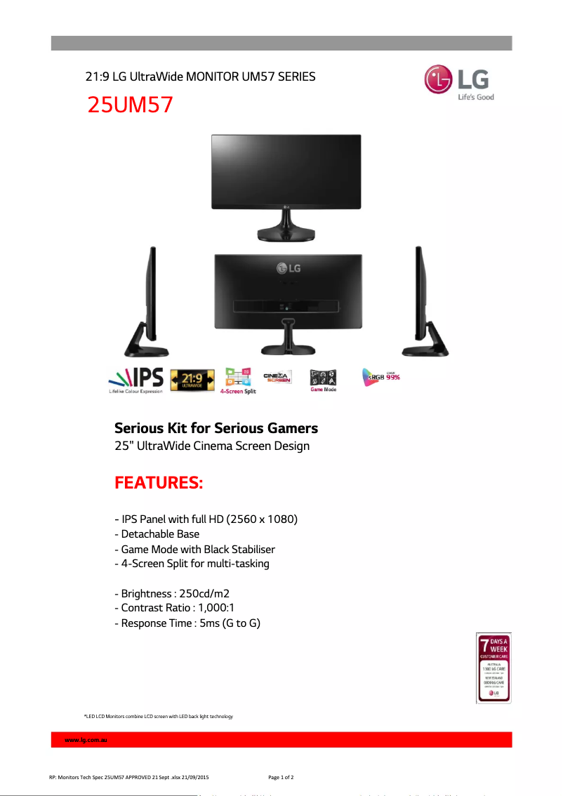 Página 1 del manual Ficha técnica LG 25UM57-P