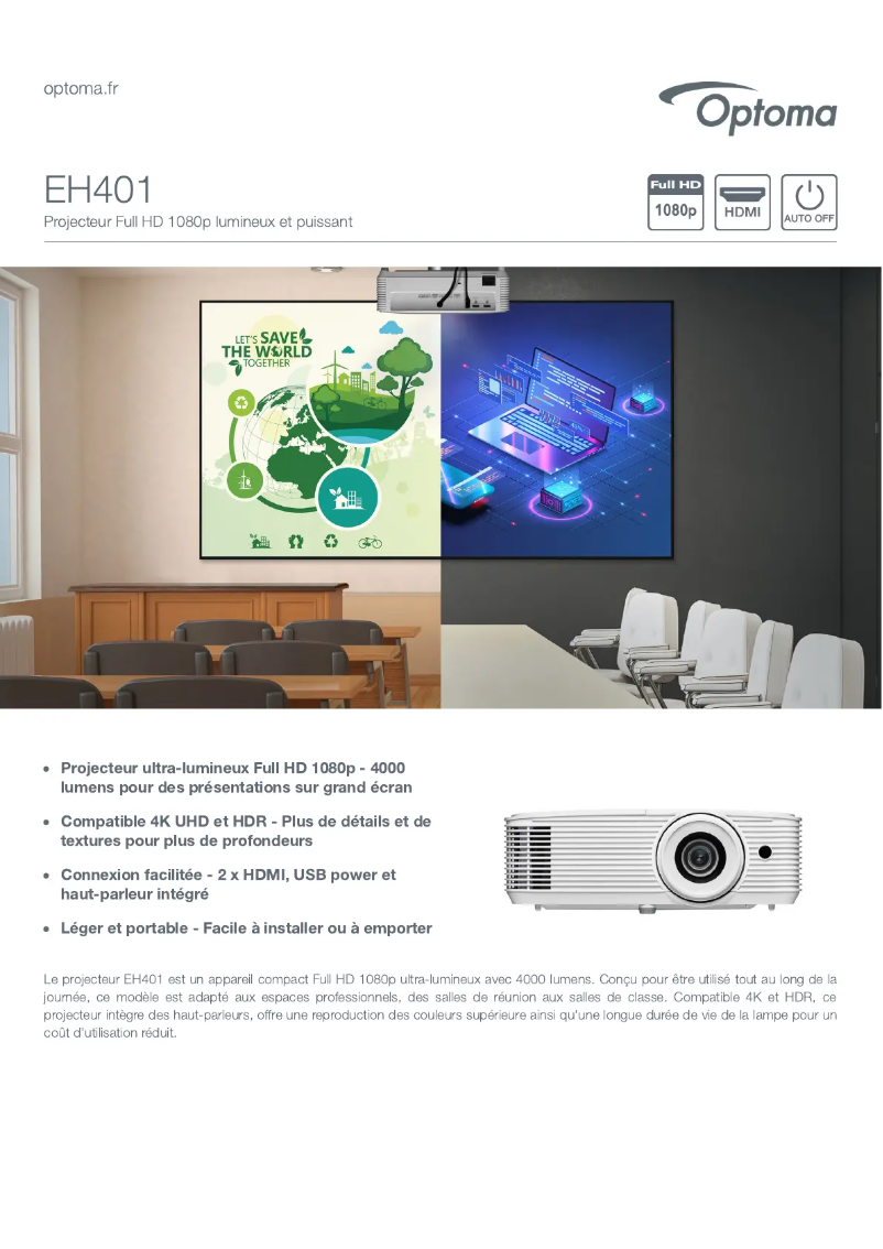 Page 1 de la notice Fiche technique Optoma EH401