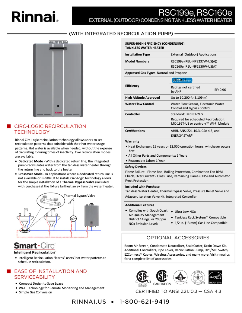 Page 1 de la notice Fiche technique Rinnai RSC199eP