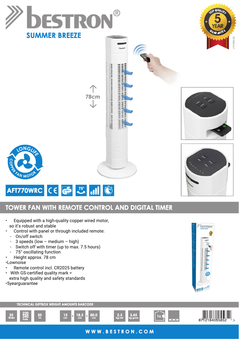 Page 1 of the manual Technical Sheet Bestron AFT770WRC