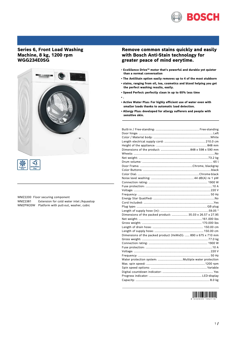 Image de la première page du manuel de l'appareil WGG234E0SG