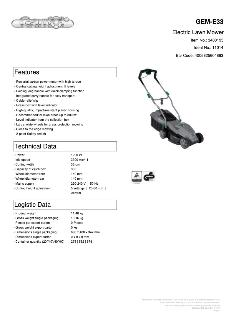 Page 1 de la notice Fiche technique Gardol GEM-E33