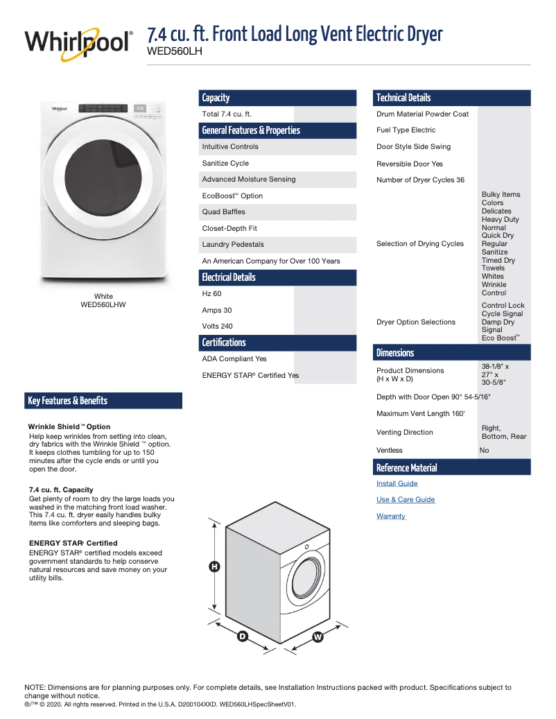 Page 1 de la notice Fiche technique Whirlpool WED560LHW