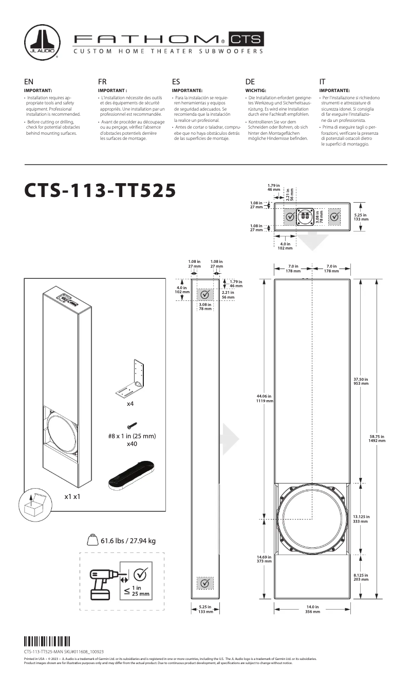 Page 1 de la notice Manuel utilisateur JL Audio Fathom CTS-113-TT525-13TW5H