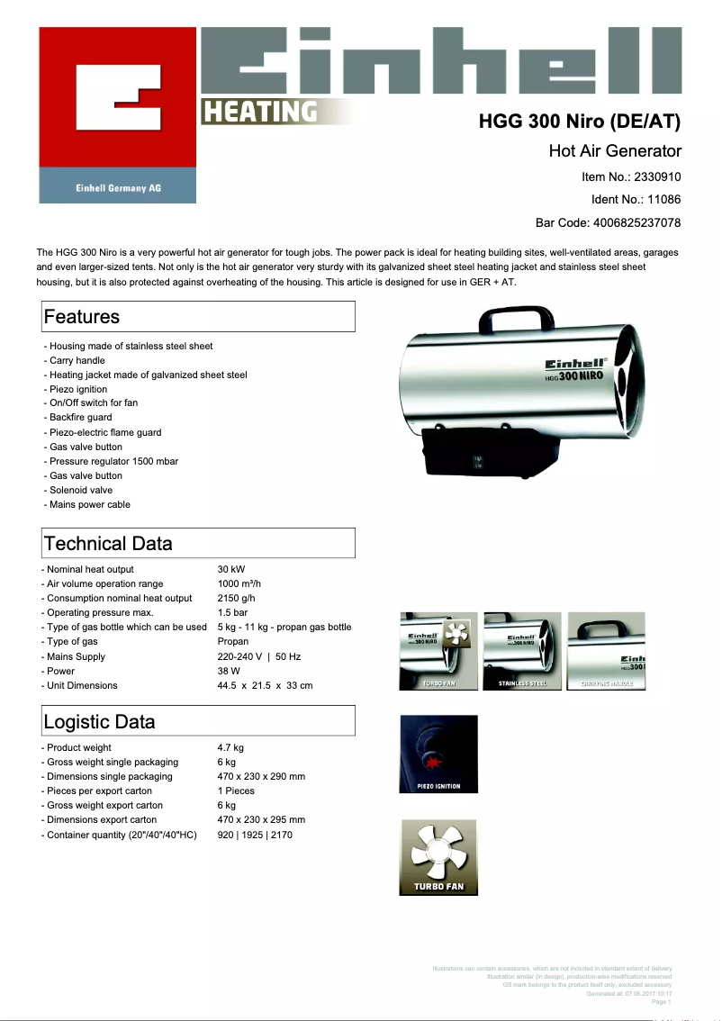 Page n°1 - Fiche technique Einhell HGG 300 Niro