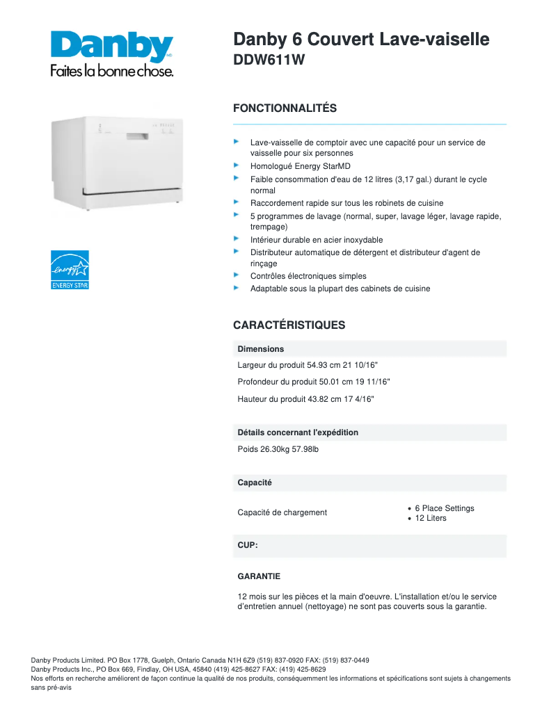 Page n°1 - Fiche technique Danby DDW611W