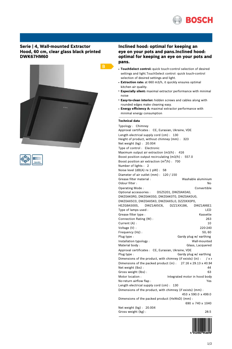 Page 1 of the manual Technical Sheet Bosch Serie 6 DWK67HM60