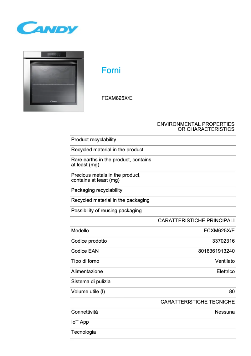 Page n°1 - Fiche technique Candy FCXM625X/E