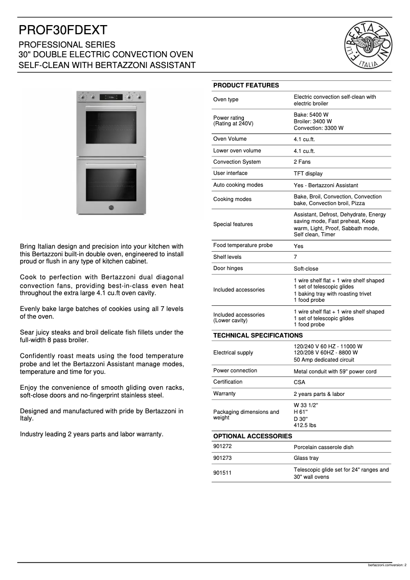 Page 1 de la notice Fiche technique Bertazzoni PROF30FDEXT