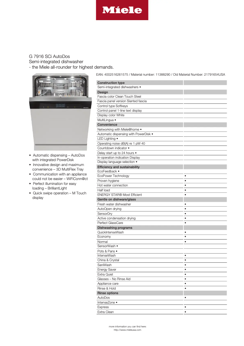 Page 1 de la notice Fiche technique Miele G 7916 SCi AutoDos